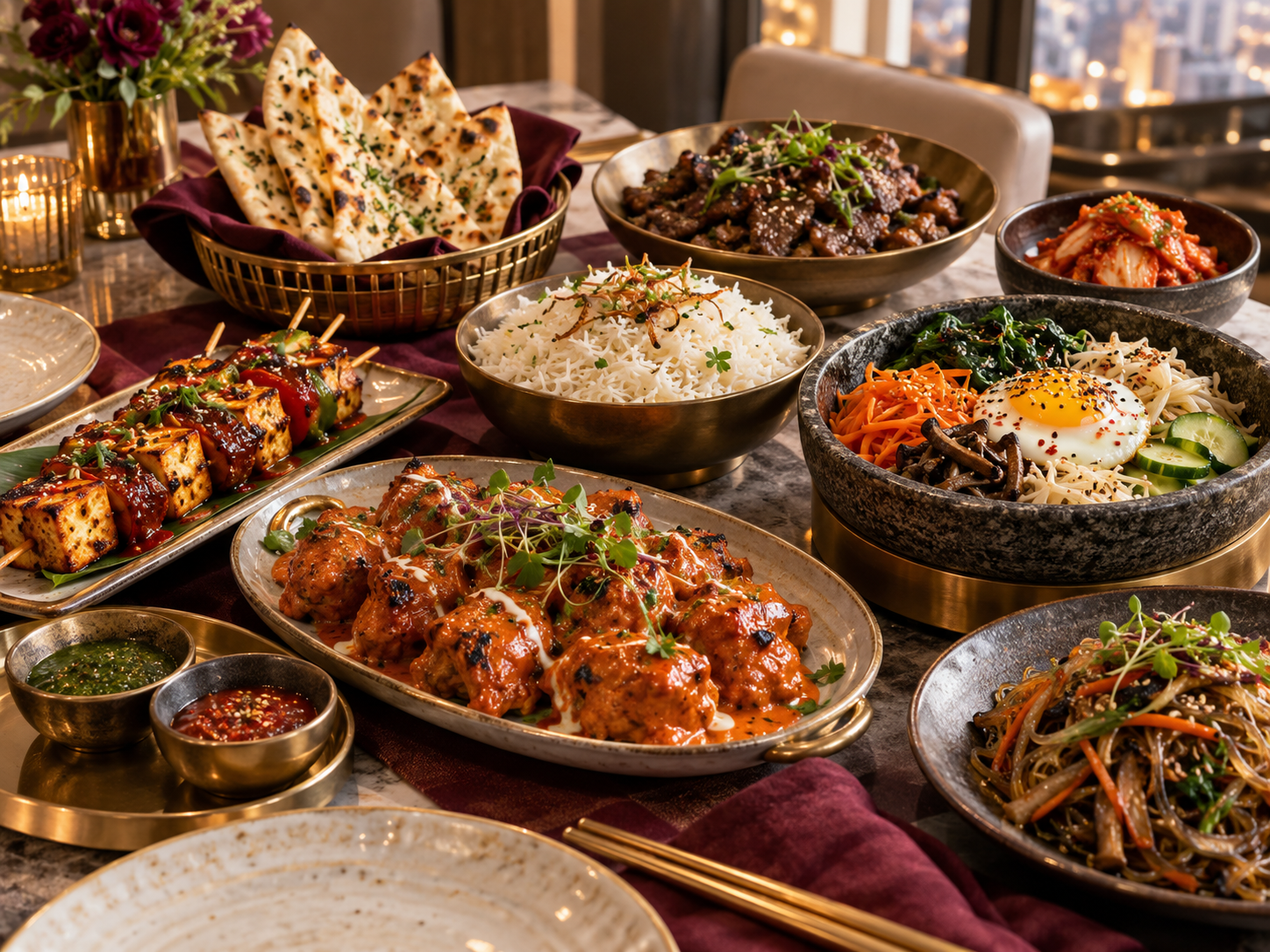 Indische und koreanische Daily-Fusion-Gerichte mit Curry, Reis, Naan, Bulgogi, Bibimbap und Kimchi